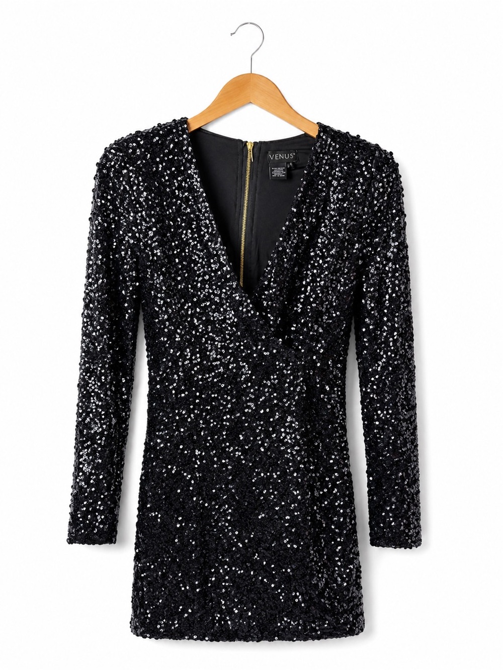 VENUS Navy Black Sequin Long Sleeve V-Neck Dress XS Cocktail Party Holiday